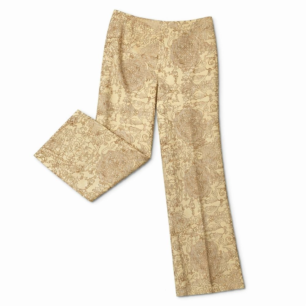 Talbots Y2K Butter Yellow Taupe Medallion Scroll Lined Stetch Trousers Pants